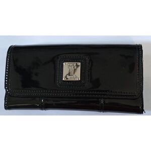 Tignanello Black Patent Leather Wallet With Colorful Striped Interior